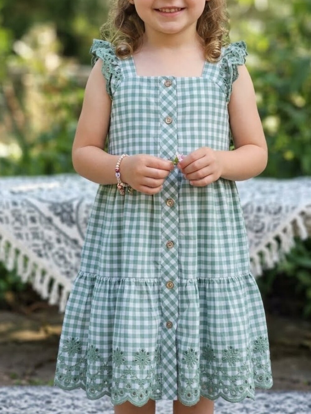 Tommy Bahamas  4T Girls' Green Gingham Button-Front Sundress with Eyelet Trim